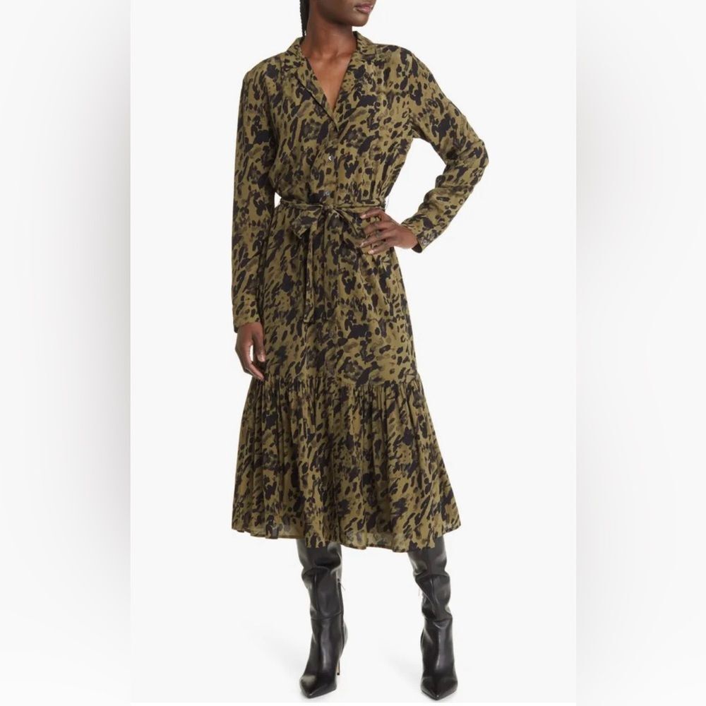 Rails Beatrice Olive Watercolor Leopard Print Long Sleeve Midi Dress Size Small